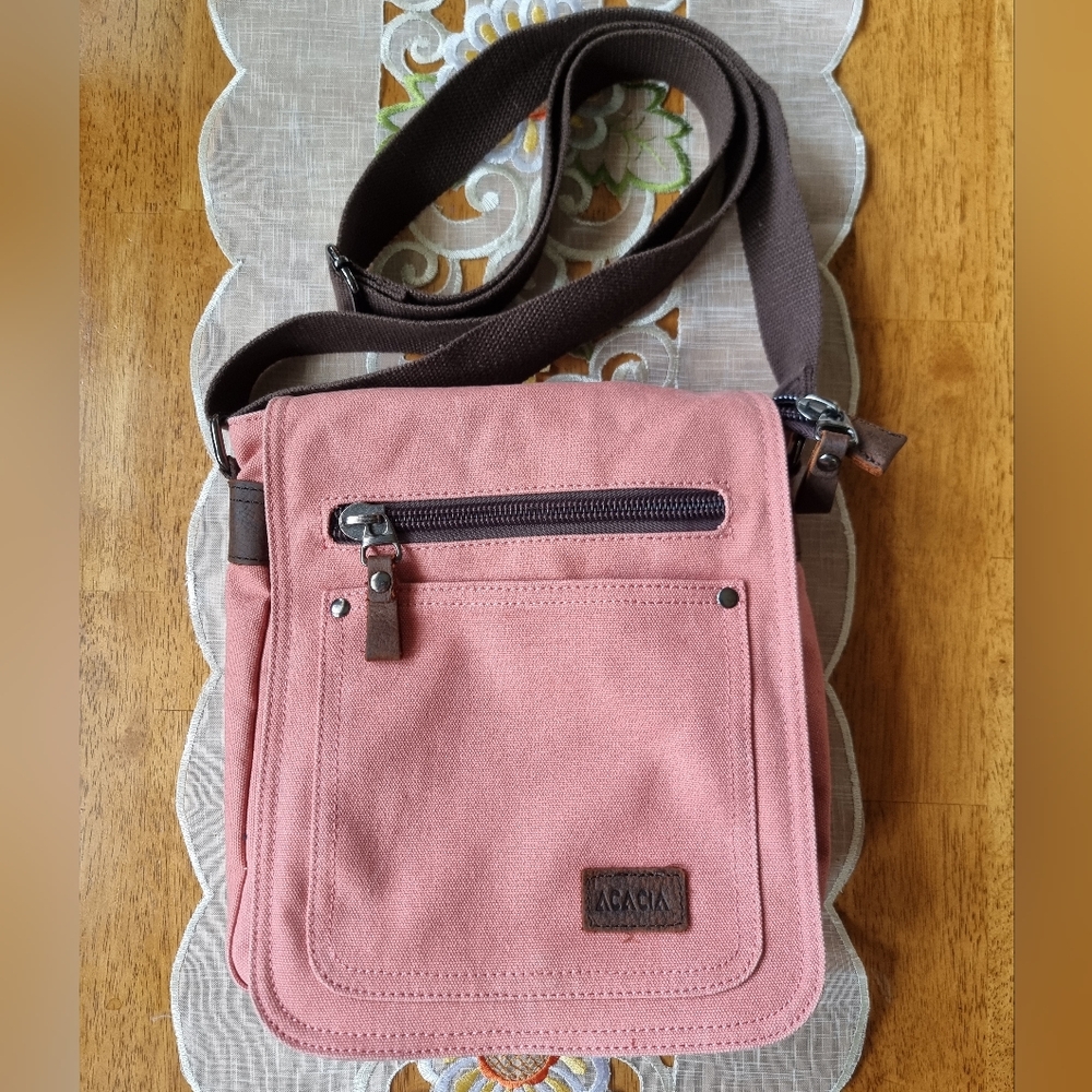 Acacia Salmon Canvas & Genuine Leather Messenger Crossbody Unisex Bag